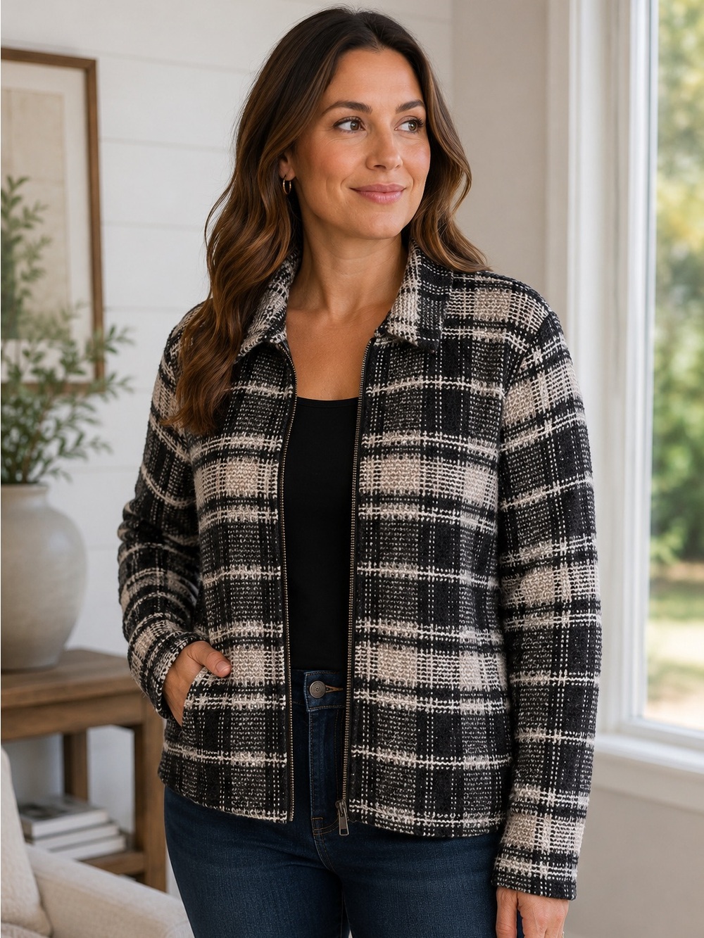 Lucky Brand Plaid Zip Front Sweater Jacket Black Cream Cotton Blend M